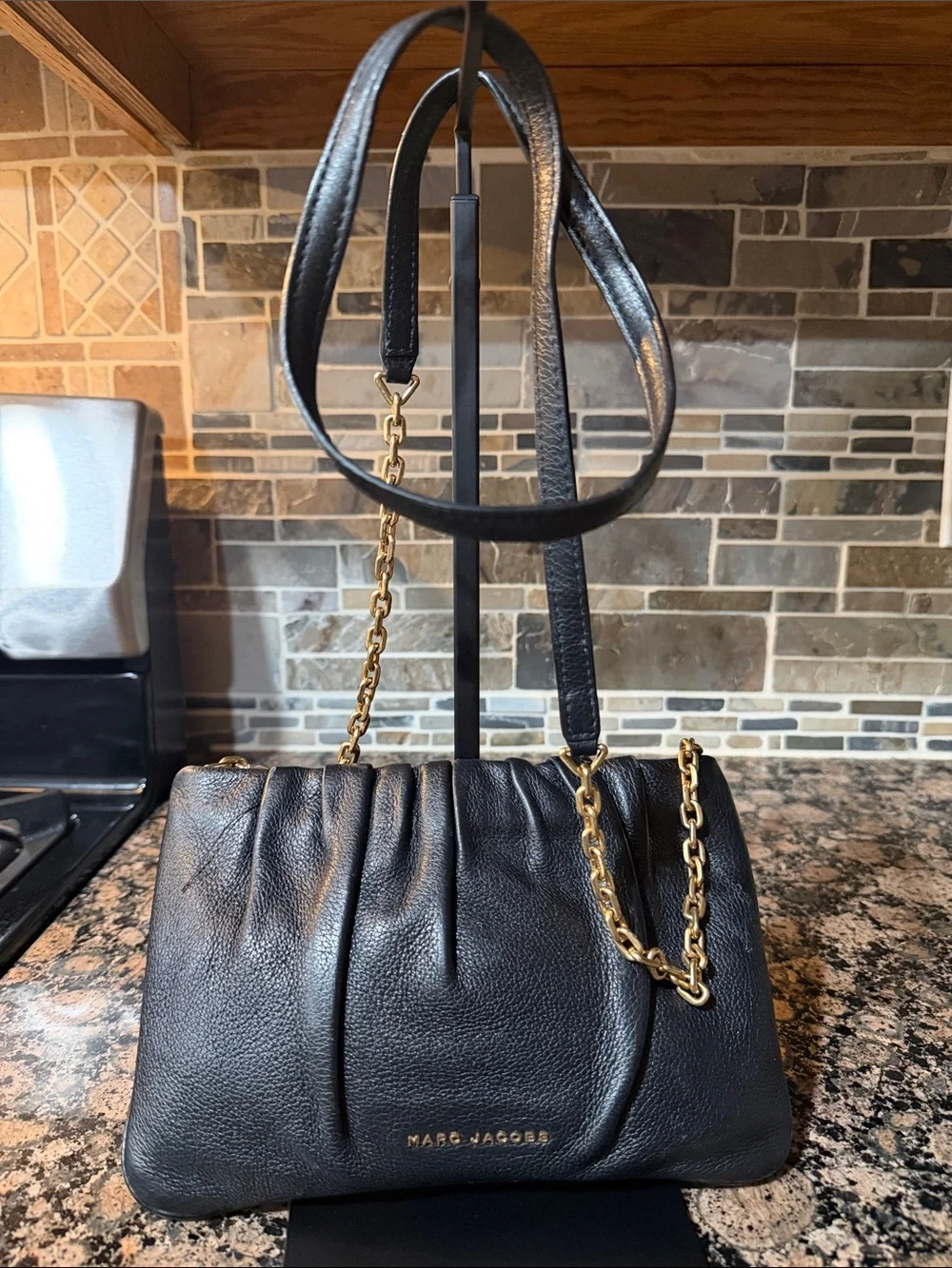 Marc Jacobs Black Leather crossbody Bag with Gold Chain